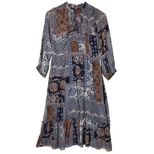 Sandra Darren Patchwork Boho Print Dress Womens Size 10 Long Sleeve